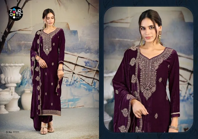 Roza By Fourdots Crush Velvet Cording And Mirror Work Dress Material 